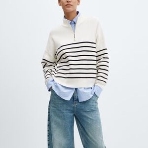 New mango striped sweater w zip sz xl white navy blue womens pullover